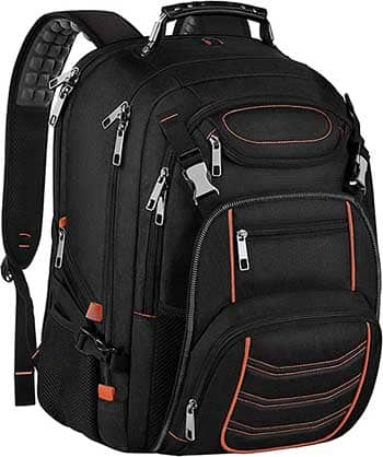 Large durable black backpack with orange accents.