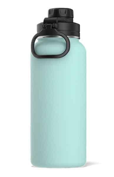 Light blue insulated water bottle with black cap on white background.