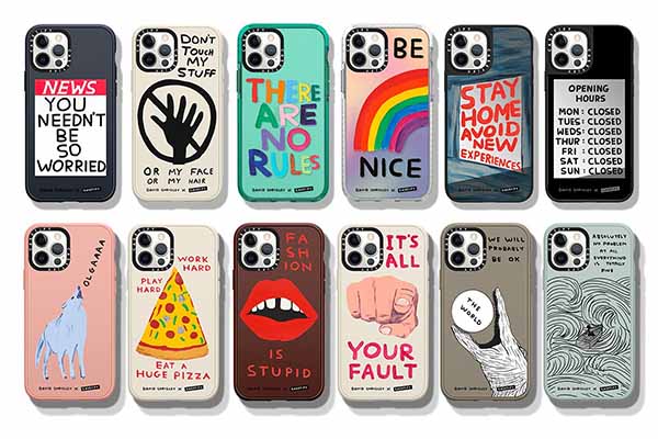 Assorted iPhone cases with fun designs.