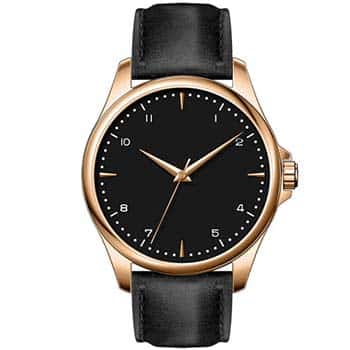 Black and gold watch with a black leather band, front view of face, white background.