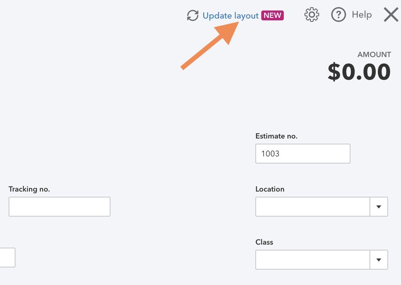 QuickBooks Online's estimate form highlighting the Update layout button.
