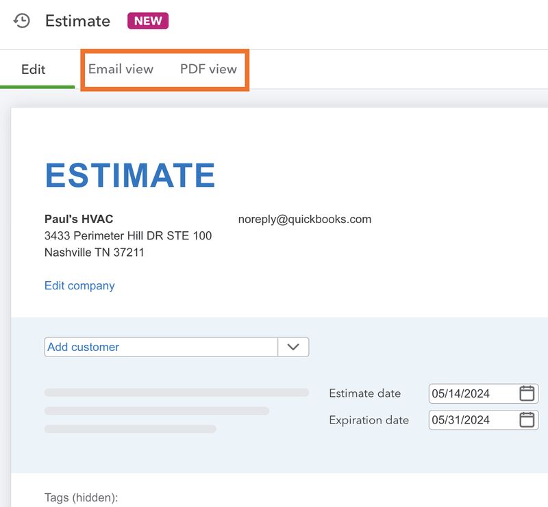 QuickBooks Online's estimate form highlighting the Email view and PDF view options.
