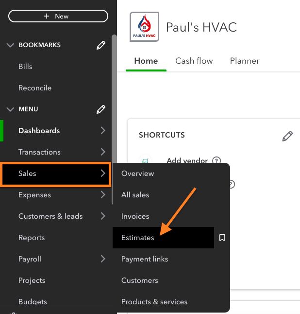 Screen showing how to navigate to navigate to the estimate list in QuickBooks Online.