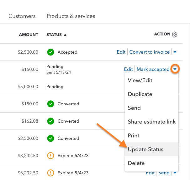 Screen showing how to update an estimate status in QuickBooks Online.