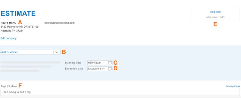 Upper portion of QuickBooks Online's new estimate form, showing fields like company information and customer.