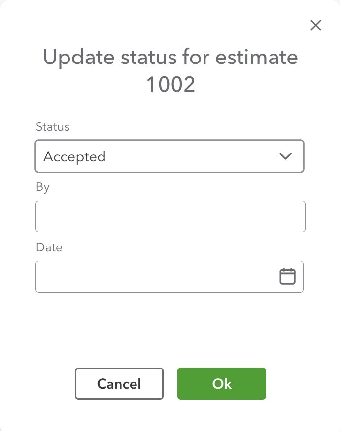 Screen showing how to update status of an estimate and indicate who accepted the estimate.