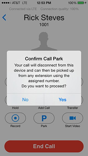 A mobile screen showing a live call and a pop-up for confirming call park.