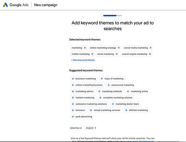 Add keywords for your Google Ads campaign during account setup