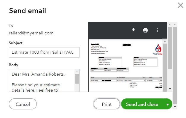 Preview of an email template and design that will send together with the estimate