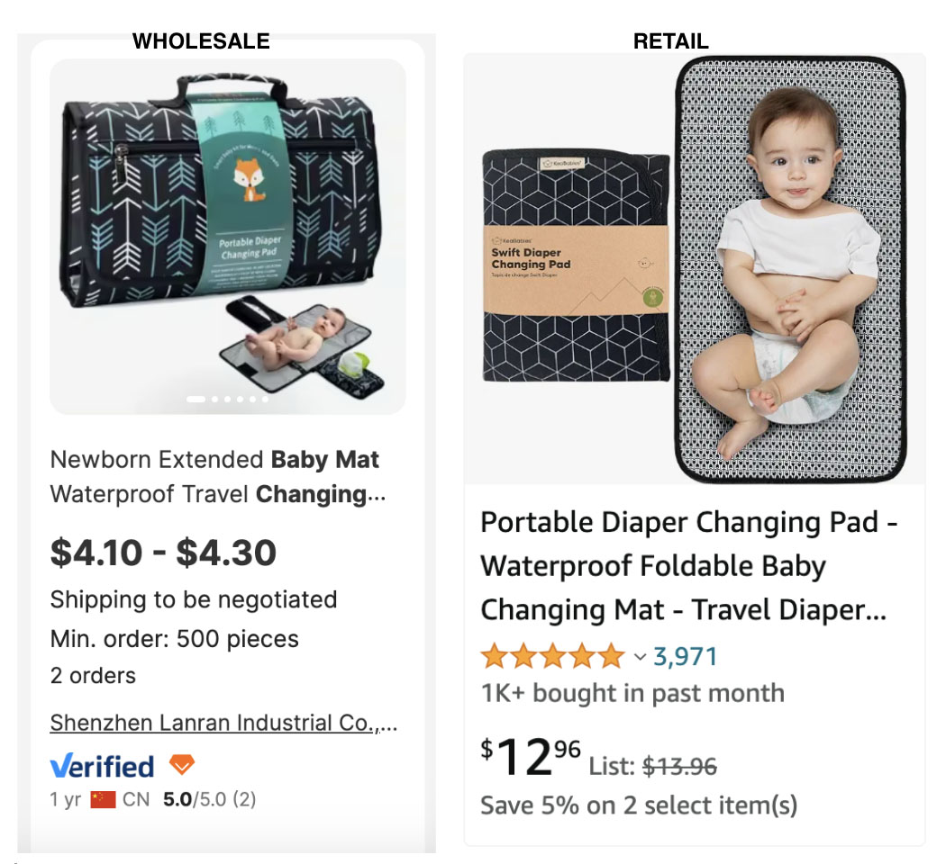 Baby changing mats wholesale Alibaba pricing retail Amazon pricing.