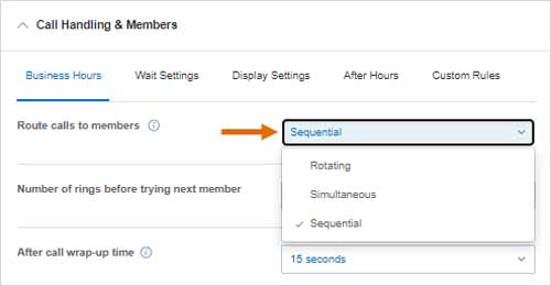 RingCentral interface showing call handling settings, which include options for routing calls: sequential, rotating, and simultaneous.