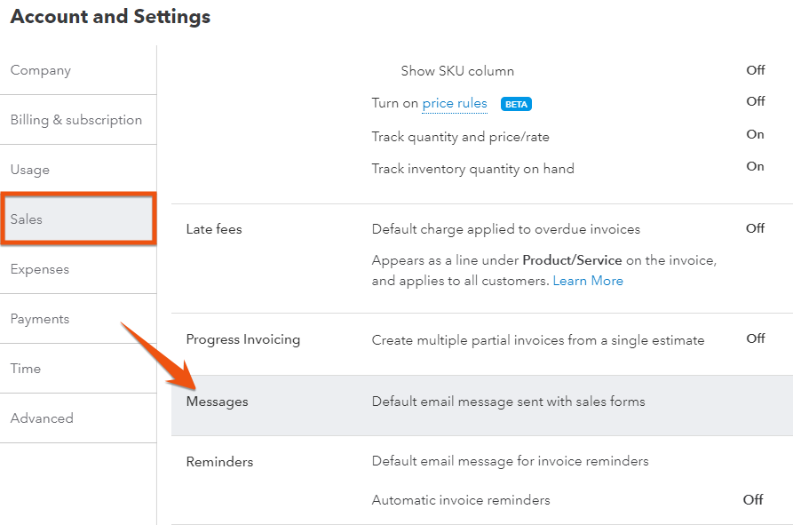 Screen showing where you can access Messages under the Sales tab in QuickBooks