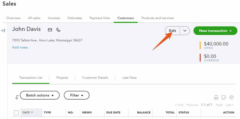 Customer detail screen in QuickBooks highlighting the Edit button.