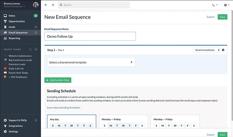 Creating an automated follow-up email sequence in Close CRM.