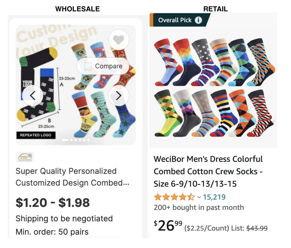 Colorful dress socks wholesale Alibaba pricing retail Amazon pricing.