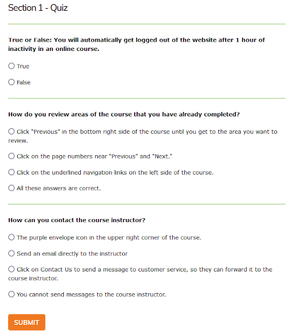 A sample quiz from ContinuingEd Express' free online course demo.