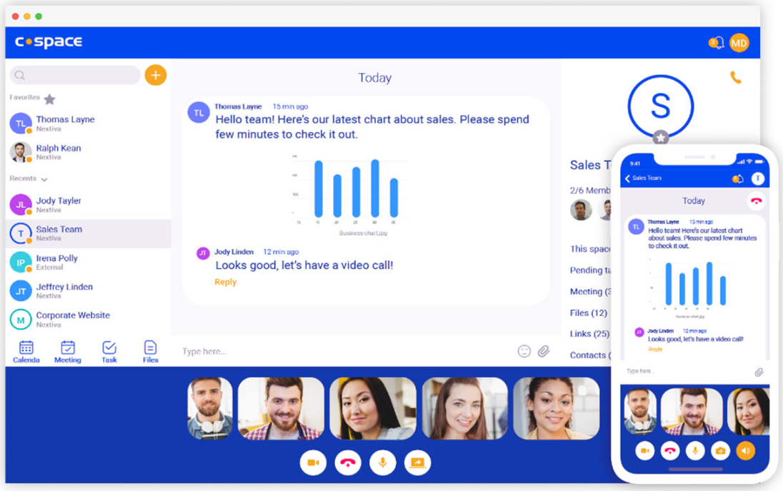 Nextiva Cospace app and mobile display showing group chat.