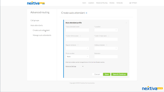Nextiva interface showing the advanced routing configurations and the option to create an auto attendant