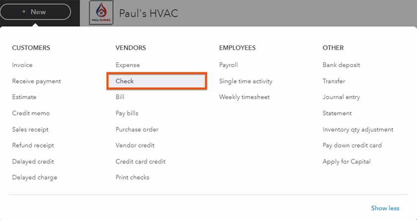 Section in QuickBooks Online where you can navigate to the check entry screen.