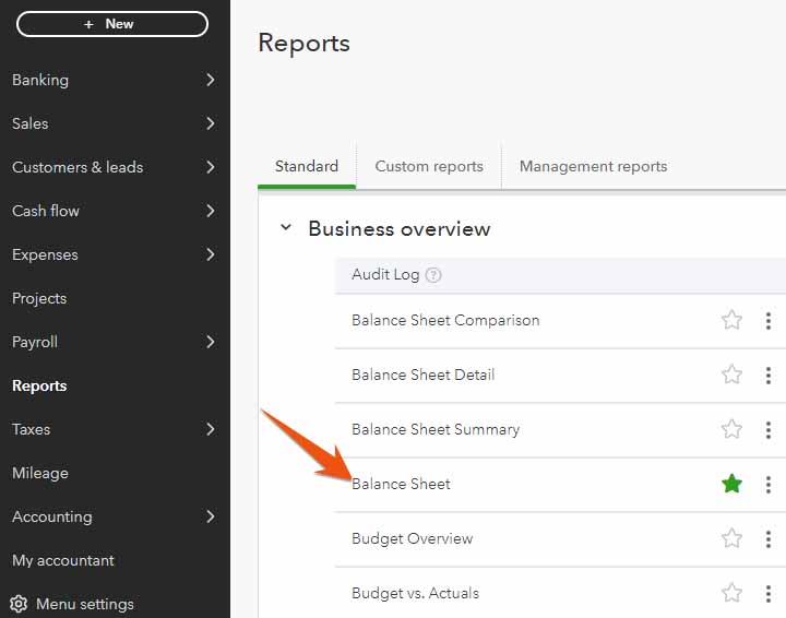 Screen in QuickBooks Online showing how to navigate to the Balance Sheet creation tab.