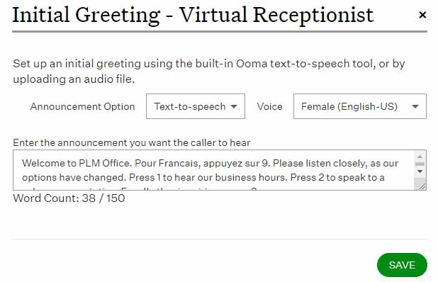 Ooma interface showing the virtual receptionist greeting settings, which include a text-to-speech feature where users are able to input their announcements.