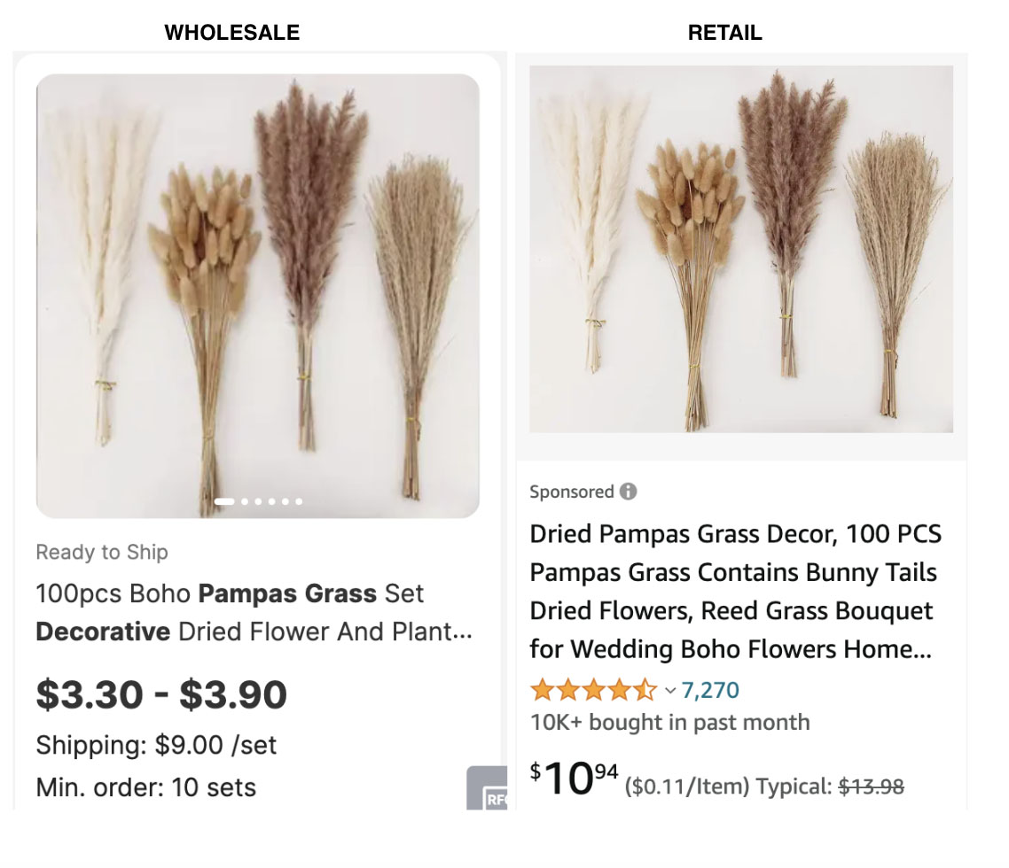 Dried flowers dried pampas decor wholesale Alibaba pricing retail Amazon pricing.