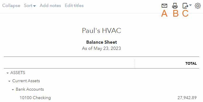 Screen where you can email, print, and export your balance sheet in QuickBooks.