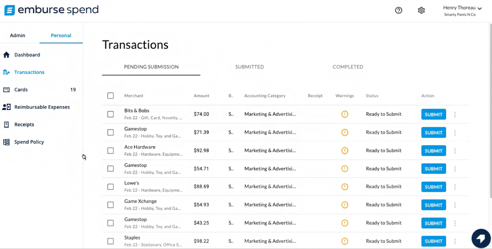 Image showing the transactions module of Emburse Spend.