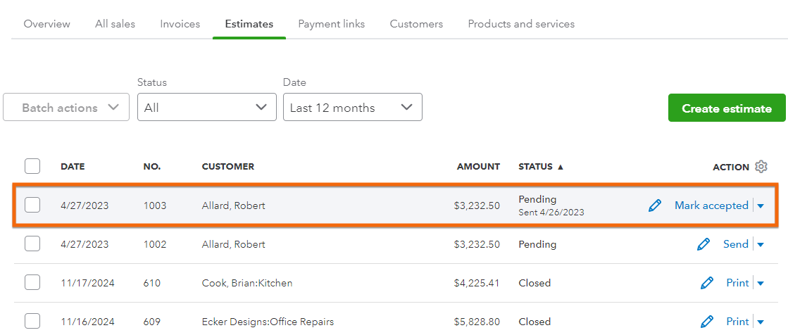 Screen where you can see and track all your estimates in QuickBooks, including their status