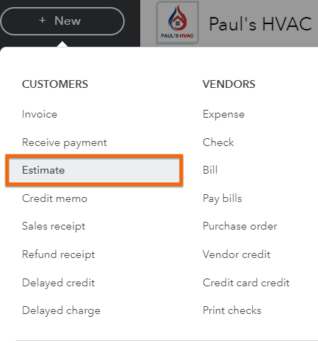 Screen in QuickBooks where you can navigate to the Estimate form
