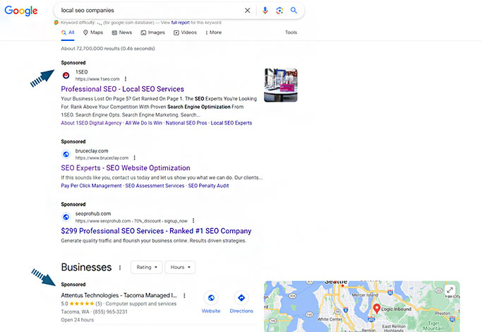 Screenshot showing examples of Google Ads in search and map results