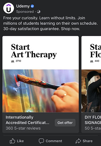 An example of a carousel image ad on Facebook for art classes