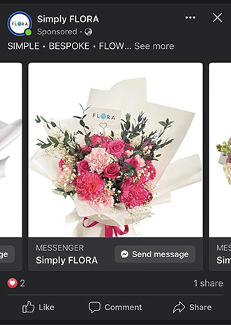 A carousel ad on Facebook advertising bouquets