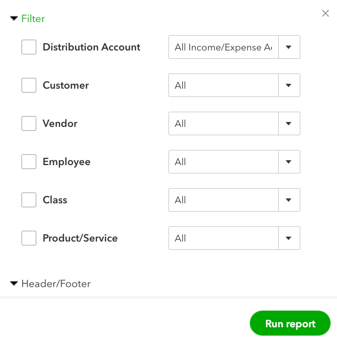 Filter options that you can use to setup your profit and loss report in QuickBooks, including distribution account and customer