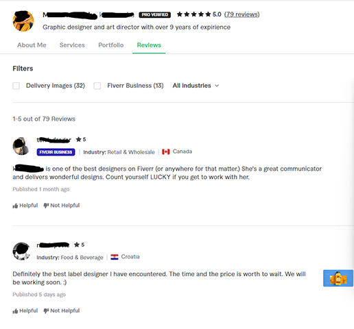 Fiverr user reviews on freelancer's profile.