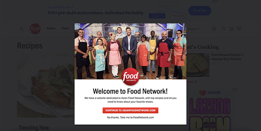 Food Network splash page for redirecting users to new Asian Food Network site