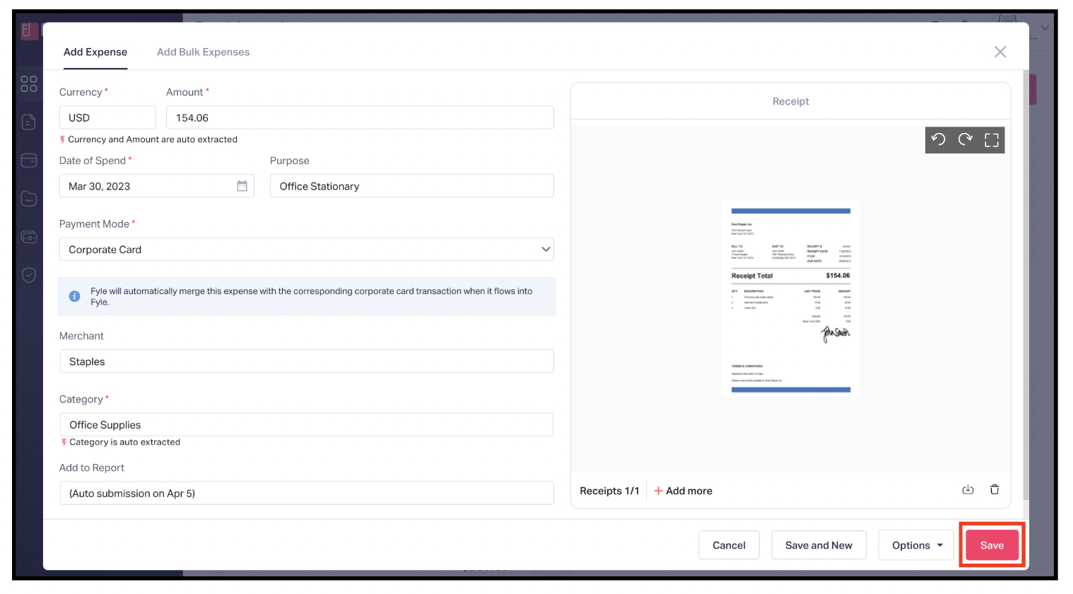 Adding and Saving an Expense in Fyle.