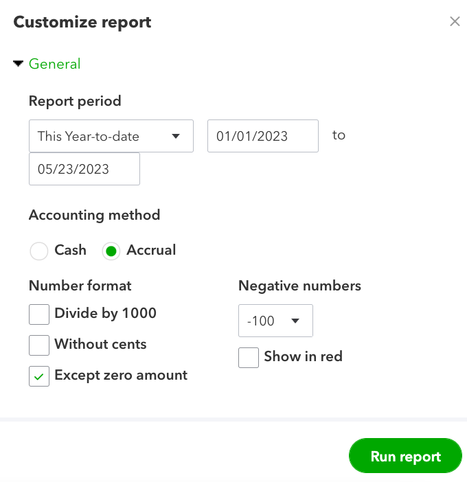 General options you can use to set up P&L report in QuickBooks, including number format and accounting method