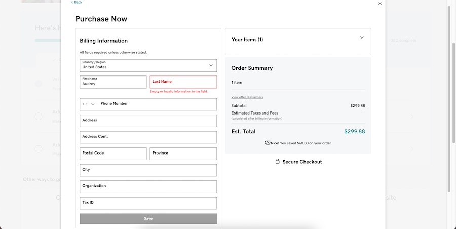 A form to add in your billing information in your chosen GoDaddy plan