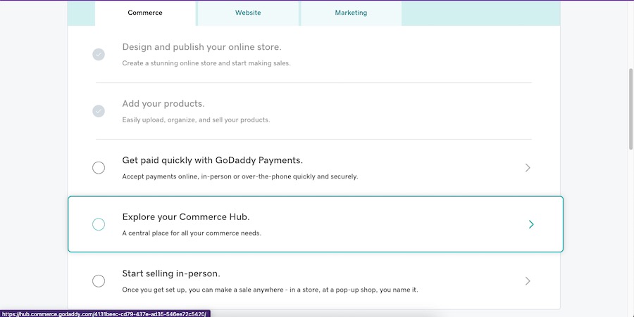 GoDaddy's dashboard with the tab for your Commerce hub highlighted
