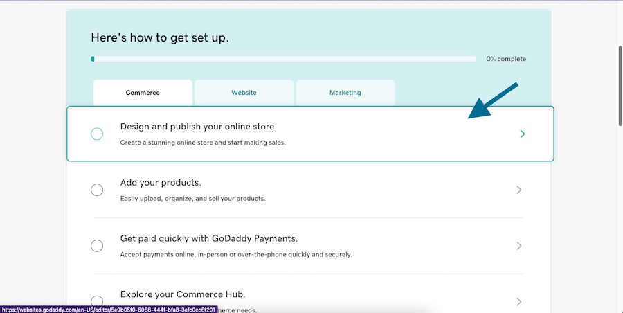 GoDaddy's dashboard with an arrow pointing to the "Design and publish your online store" tab