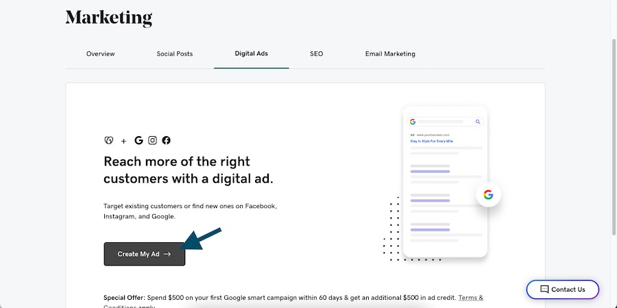 The "Create My Ad" button under the Digital Ads tab in GoDaddy's marketing hub