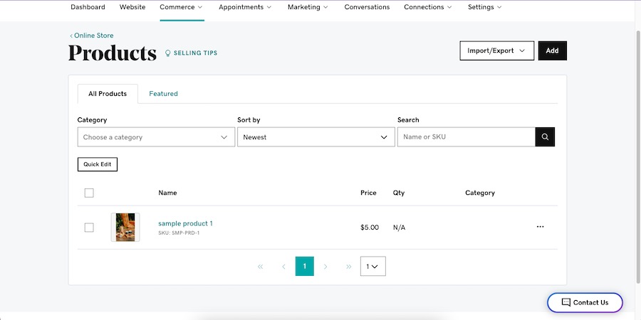 An overview of your store's inventory under the Products tab in the Commerce Hub