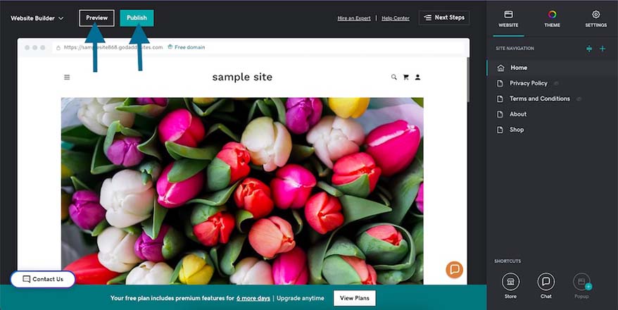 Buttons to preview and publish your website inside GoDaddy's site editor