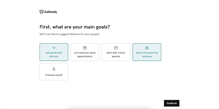 GoDaddy's onboarding prompt to identify your website goals