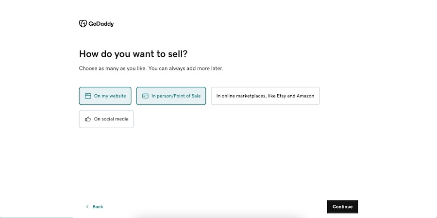 GoDaddy's onboarding prompt for selling options