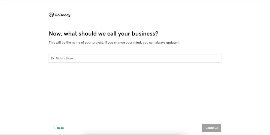 GoDaddy's onboarding prompt for your business' name