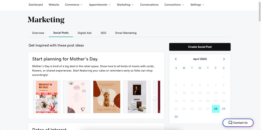 The social posts tab inside GoDaddy's Marketing hub with templates for social posts