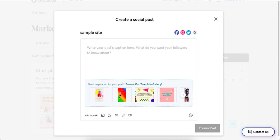 Popup box to create social posts inside GoDaddy's Marketing hub