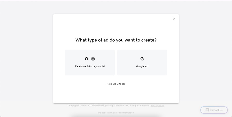 A popup prompt to create a Facebook & Instagram or Google ad